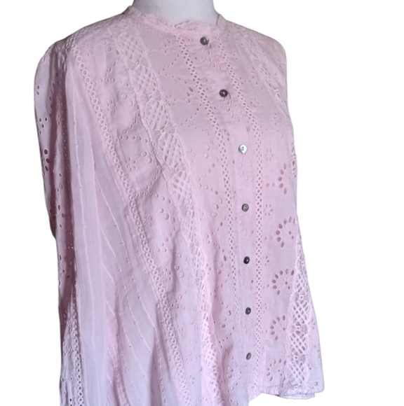 Sundance Baby Pink Marion Eyelet Lace Button Front Cotton Shirt Sz Petite Large - Picture 3 of 11